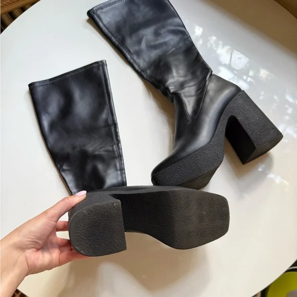 Black Pleather Knee High Platform Boots - Picture 4 of 5